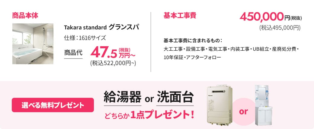 浴室リフォームの基本工事内容を案内。大工・設備・電気・内装工事、ユニットバス組立、産業廃棄物処分、10年保証・アフターフォローを含む。給湯器または洗面台を1点無料プレゼント。