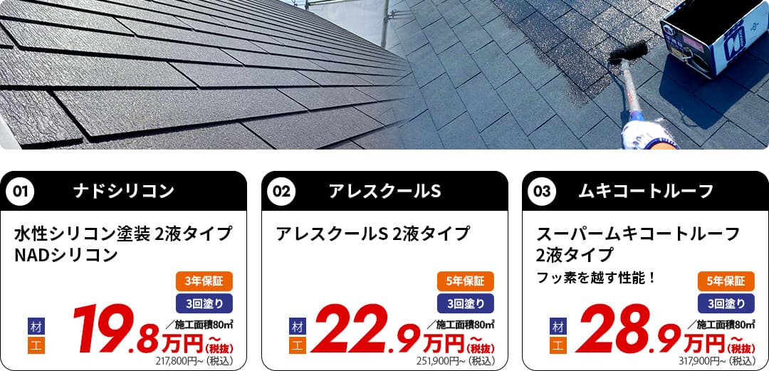 屋根塗装セット ナドシリコン、アレスクールS、ムキコートルーフ