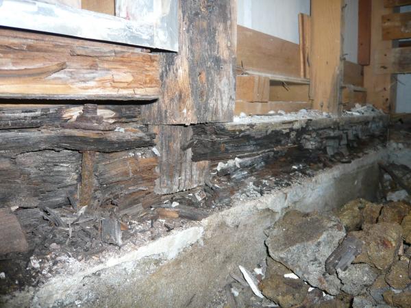 こんなに土台が腐ってました。シロアリ予防も施しまして、土台も補強しました