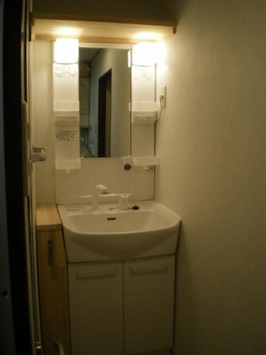 750幅の洗面台を入れたかったのですが、幅が740しかなかった・・・。隙間は大工さんに棚を作ってもらいました。最後に白く塗装して仕上げています。